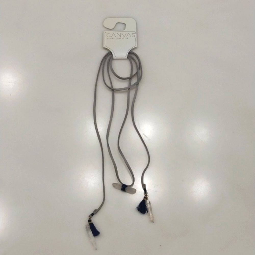 CANVAS STYLE GRAY LONG LEATHER NECKLACE WITH STONES